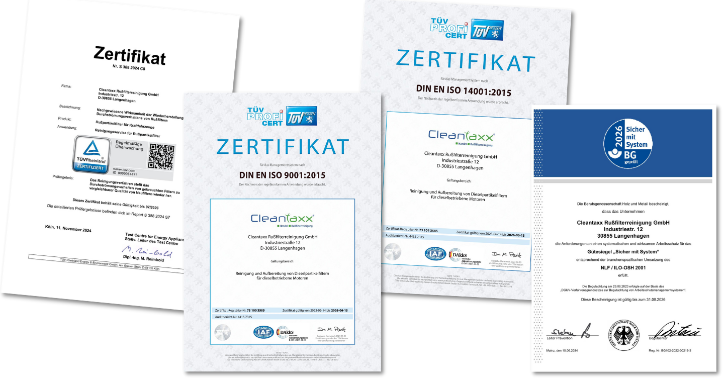 Vier Zertifikate von Cleantaxx