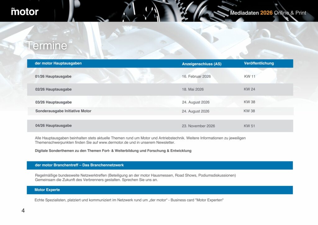 Mediadaten 2026 für das der motor Magazin. Hier zu sehen, die Terminseite.